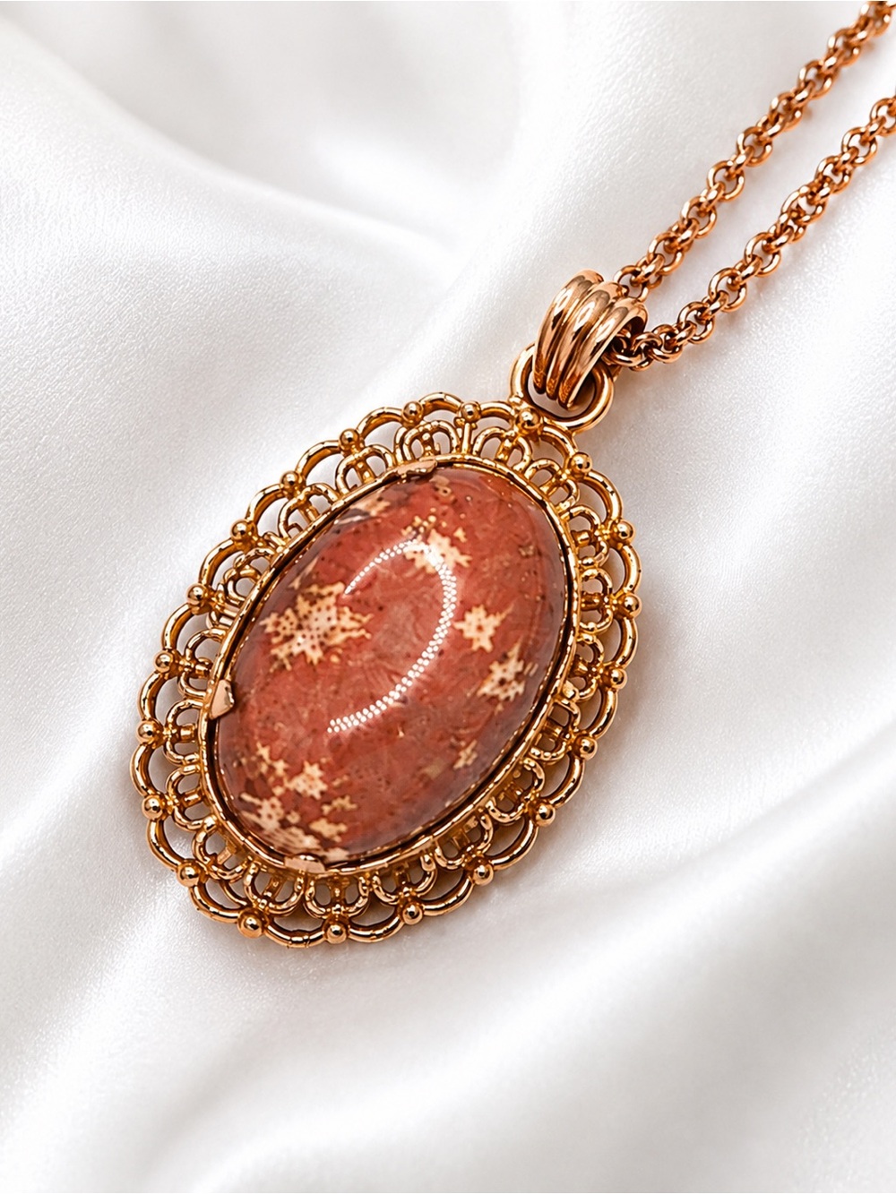 Vintage Floral Stone Pendant Necklace — 1970s